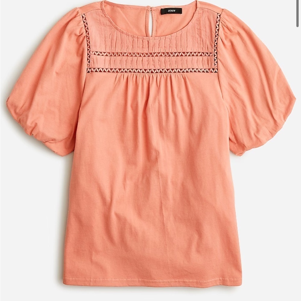 J Crew Lace trim puff sleeve T shirt Peach Top Shirt Short Sleeve cotton M NEW